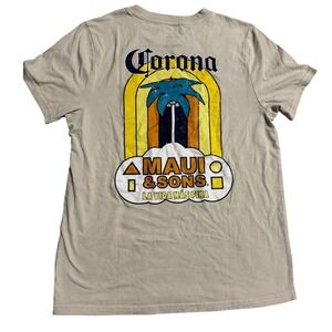 Maui and Sons Corona Beer T Shirt Tan Palm Tree Graphic Casual Mens Medium
